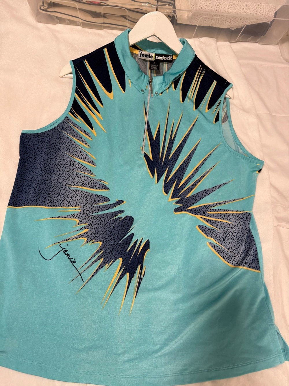 Jamie Sadock Turquoise Navy and Gold Graphic Zip Mock Golf Top
